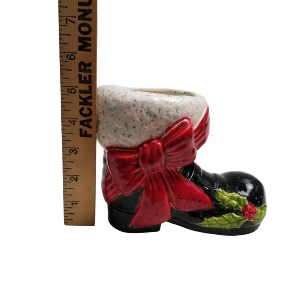 Ceramic Santa Claus Boot Black Christmas Vintage Holly Vase Planter Holiday Bow - Picture 12 of 14